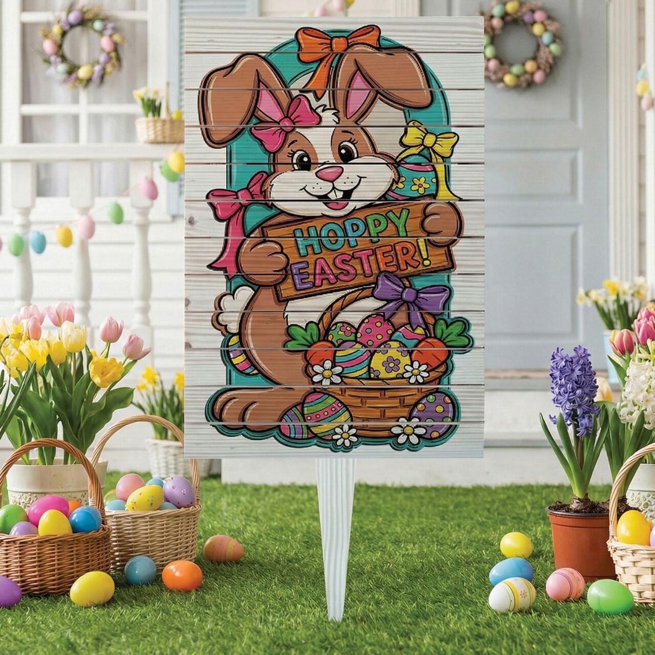 Semn de curte, Hoppy Easter Bunny, 38x58 cm, Multicolor - imagine 5